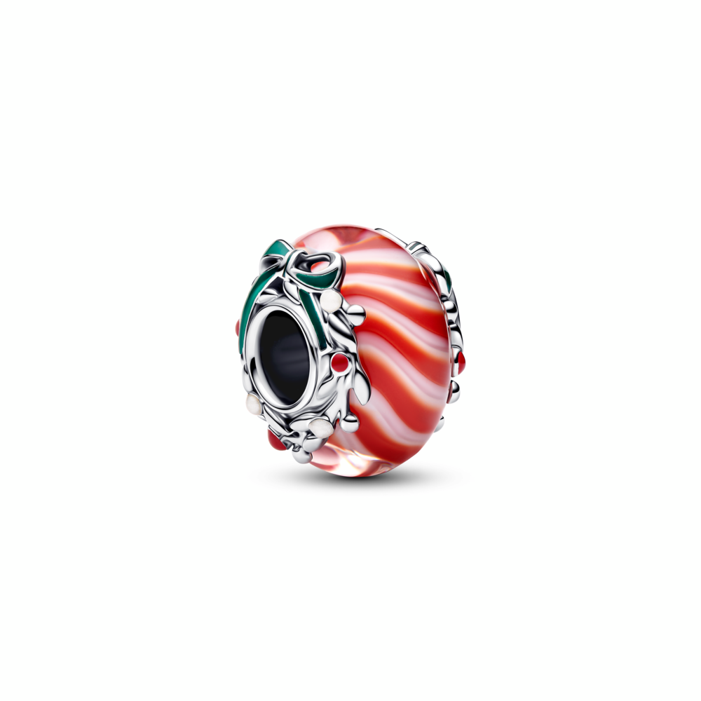 Candy sterling silver charm with red and white Murano glass, shimmering white, red and green enamel Candy sterling silver charm with red and white Murano glass, shimmering white, red and green enamel