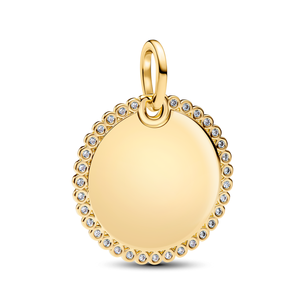 Engravable round 14k gold-plated pendant with clear cubic zirconia