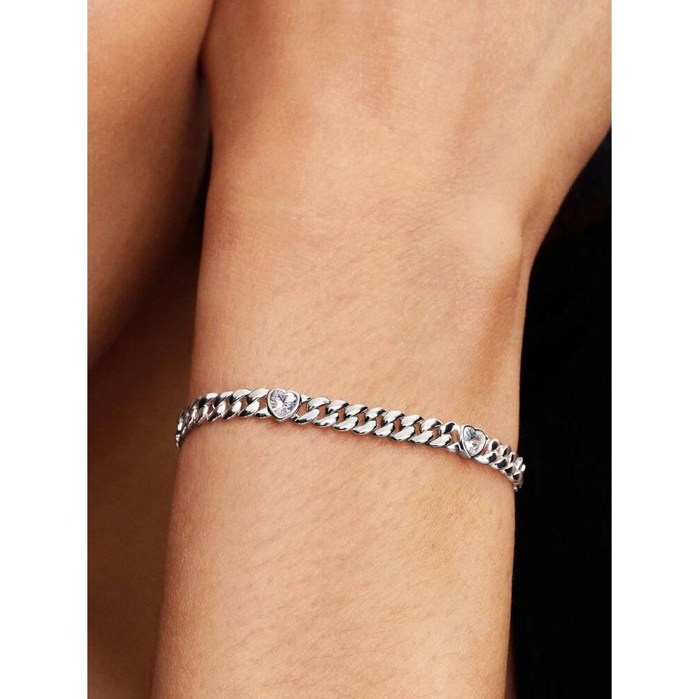Heart cuban chain sterling silver bracelet with clear cubic zirconia