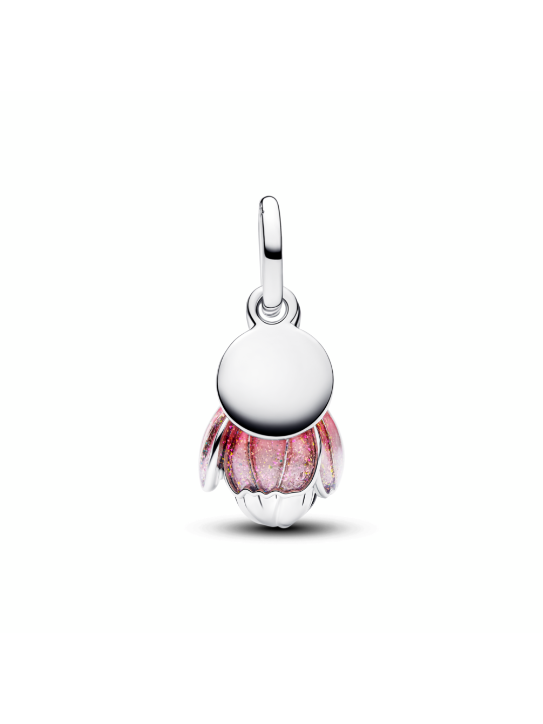 Openable flower sterling silver and 14k gold-plated dangle with royal green crystal and glittery shaded pink UV resin