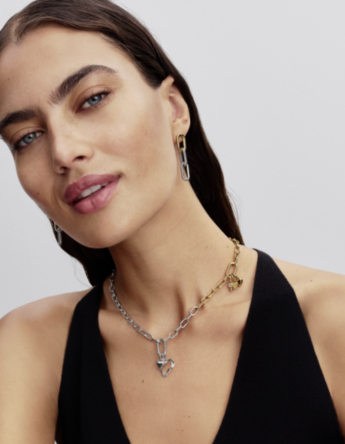 Sterling silver and 14k gold-plated link necklace with 2 openable link