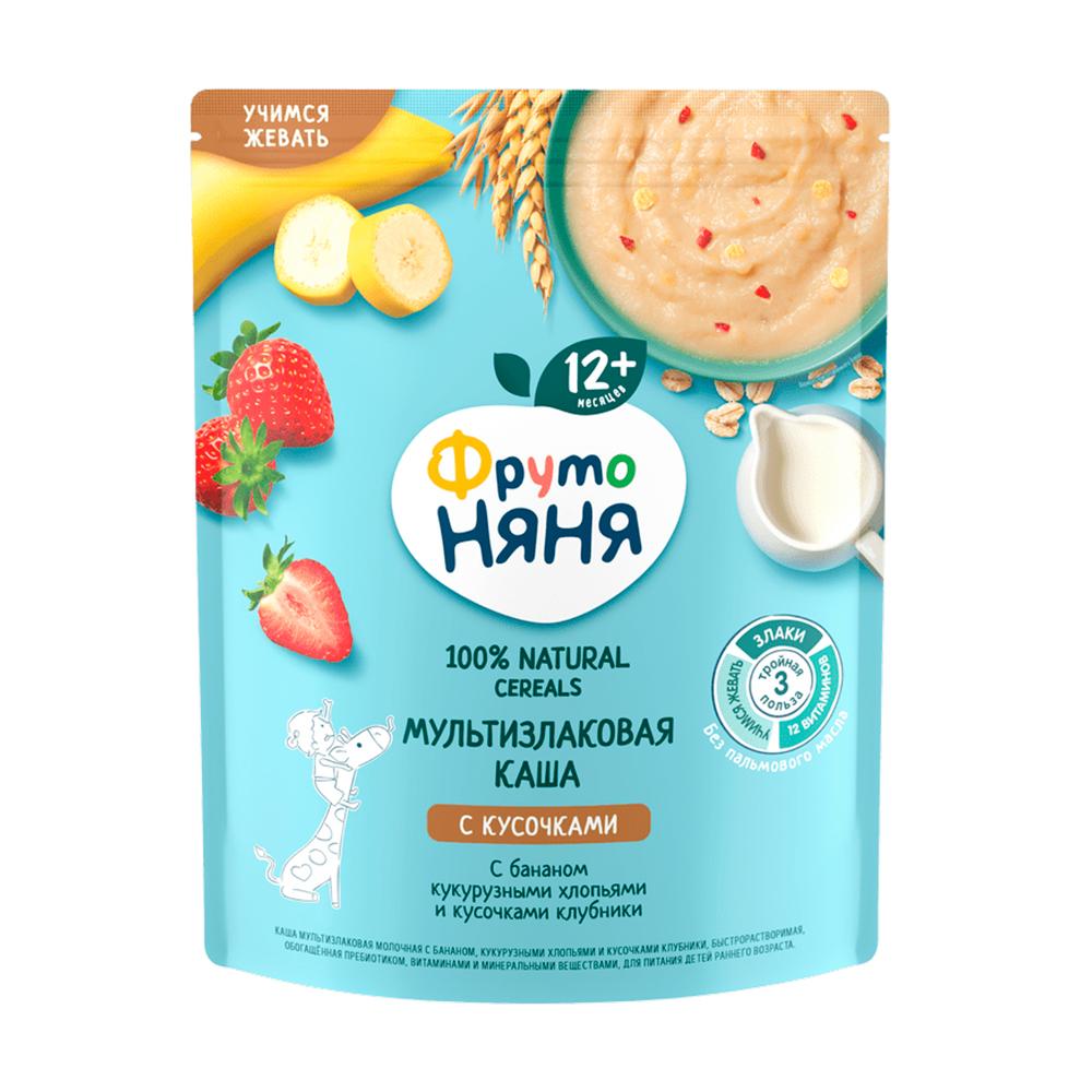 Каша ФрутоНяня сухая молочная мультизлаковая с бананом, кукурузными хлопьями и кусочками клубники Каша ФрутоНяня сухая молочная мультизлаковая с бананом, кукурузными хлопьями и кусочками клубники