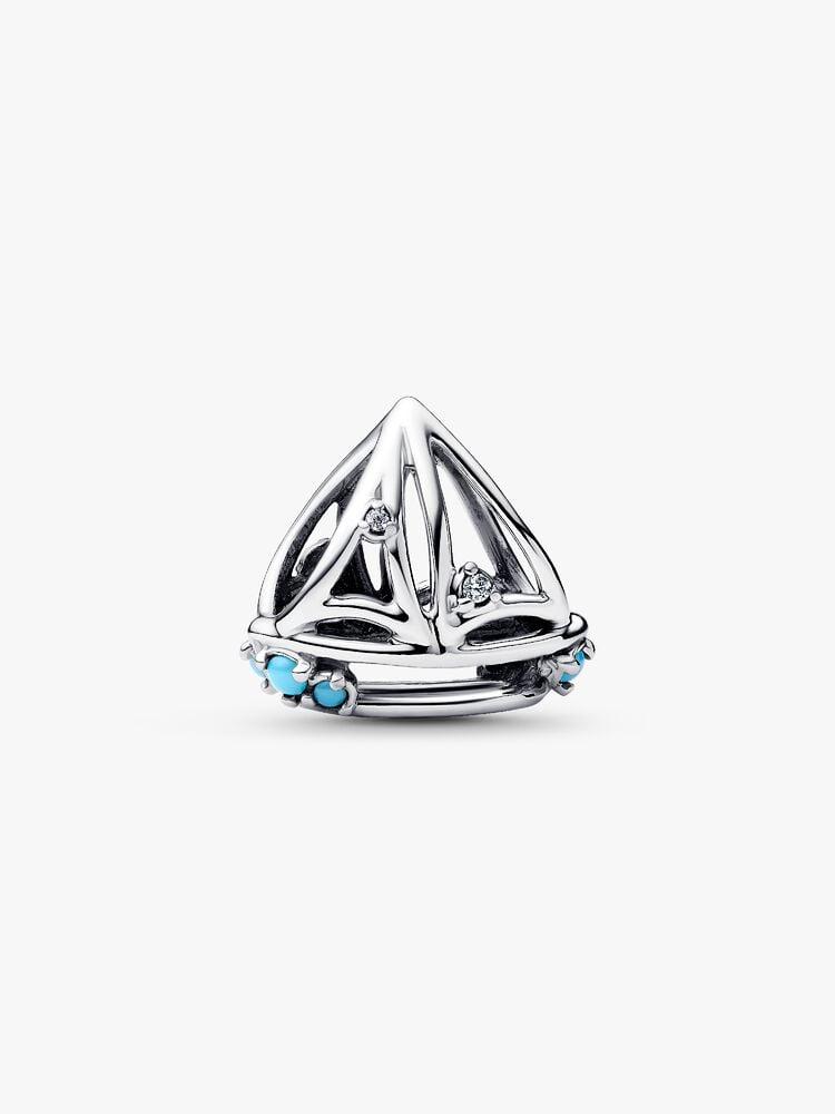 Sailboat sterling silver charm with clear cubic zirconia and capri blue crystal