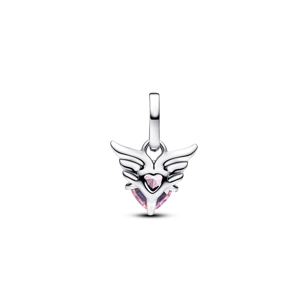 Winged heart sterling silver mini dangle with orchid pink crystal