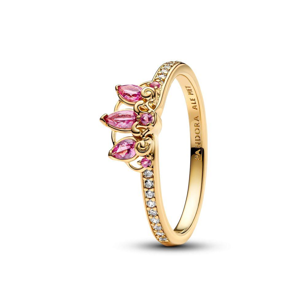 Disney Rapunzel 14k gold-plated tiara ring with phlox pink crystal and clear cubic zirconia