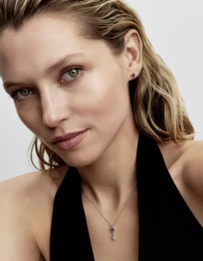 Heart sterling silver stud earrings with cherries jubilee red crystal and clear cubic zirconia