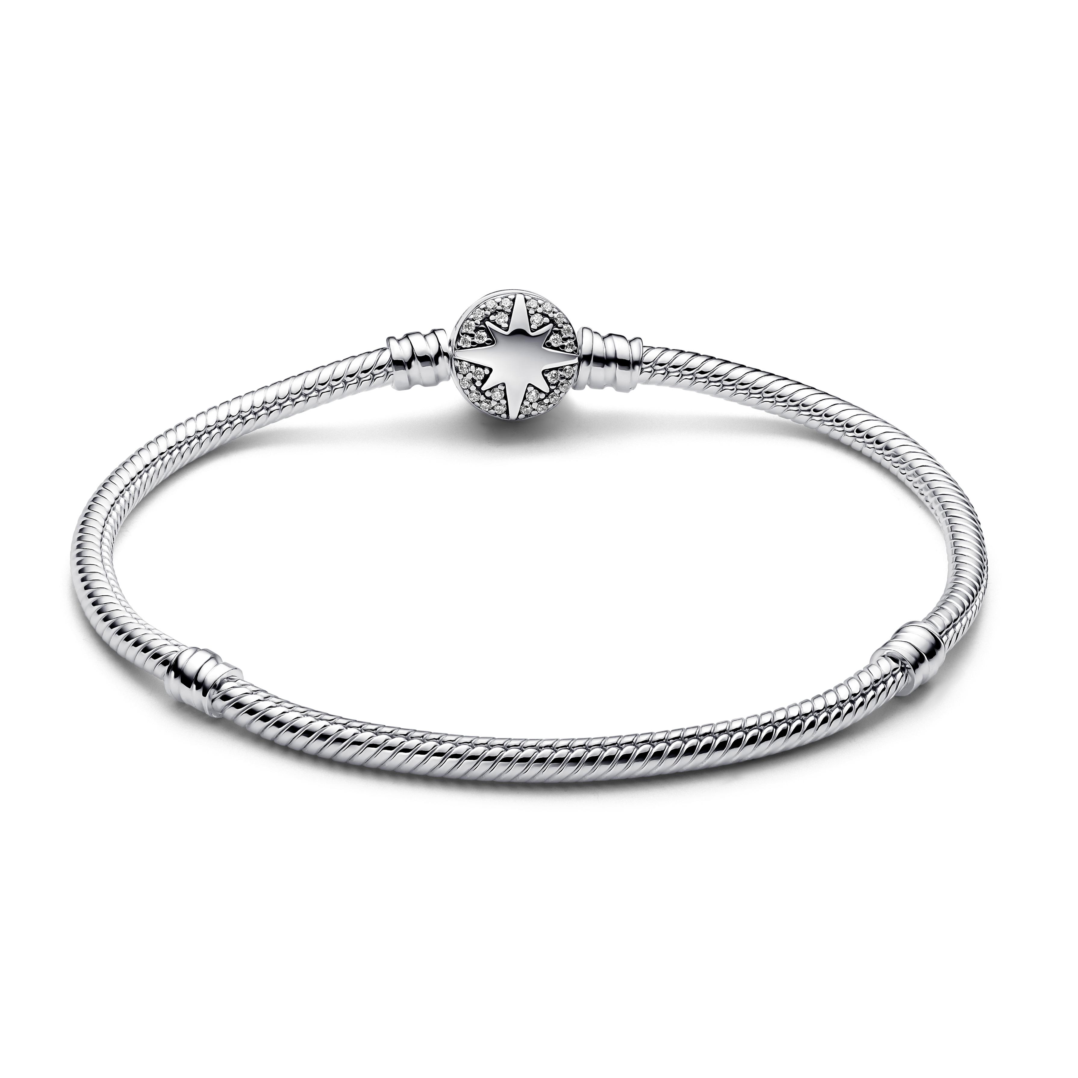 Snake chain sterling silver bracelet with north star clasp and clear cubic zirconia