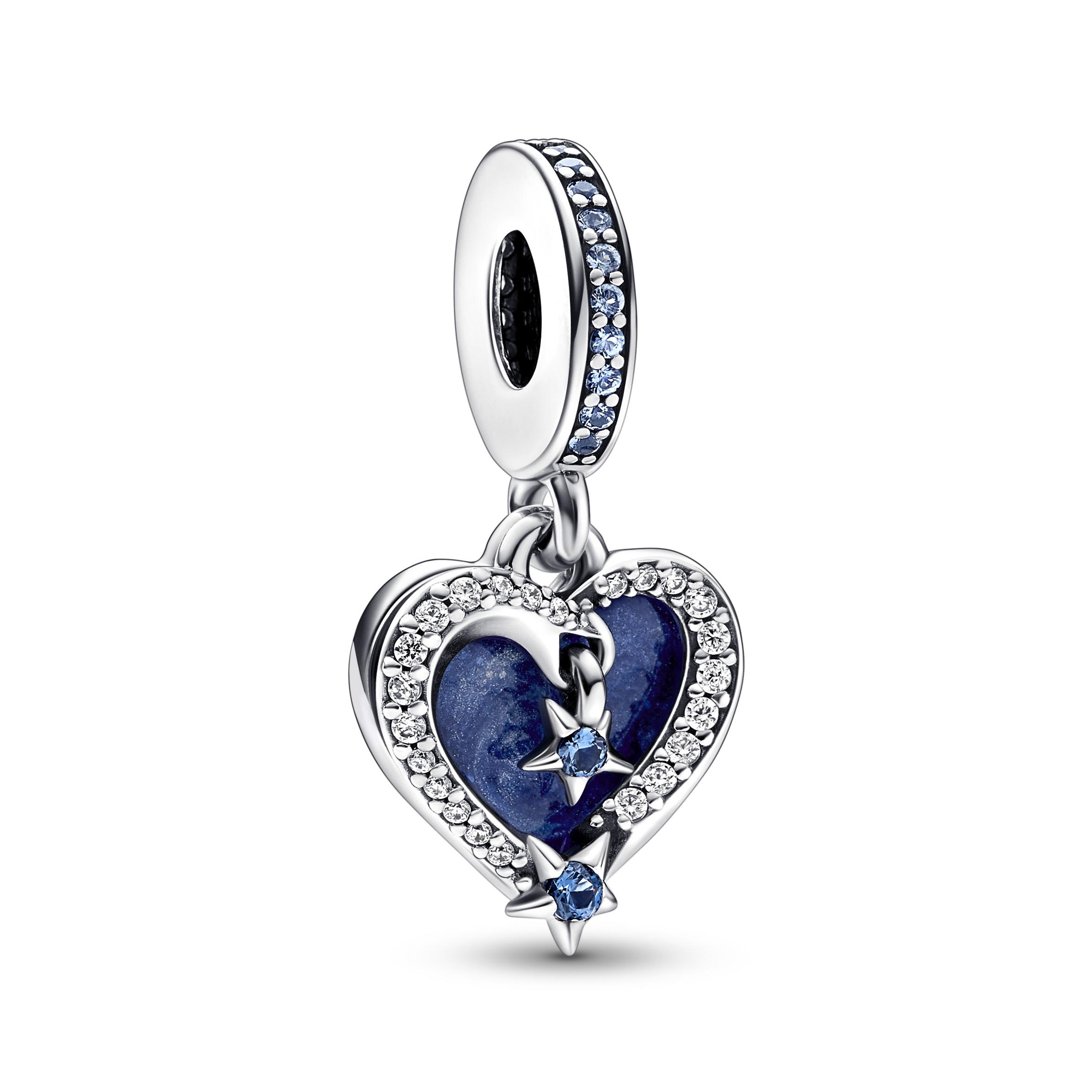 Shooting stars heart sterling silver double dangle with moonlight blue crystal, clear cubic zirconia and shimmering light blue enamel