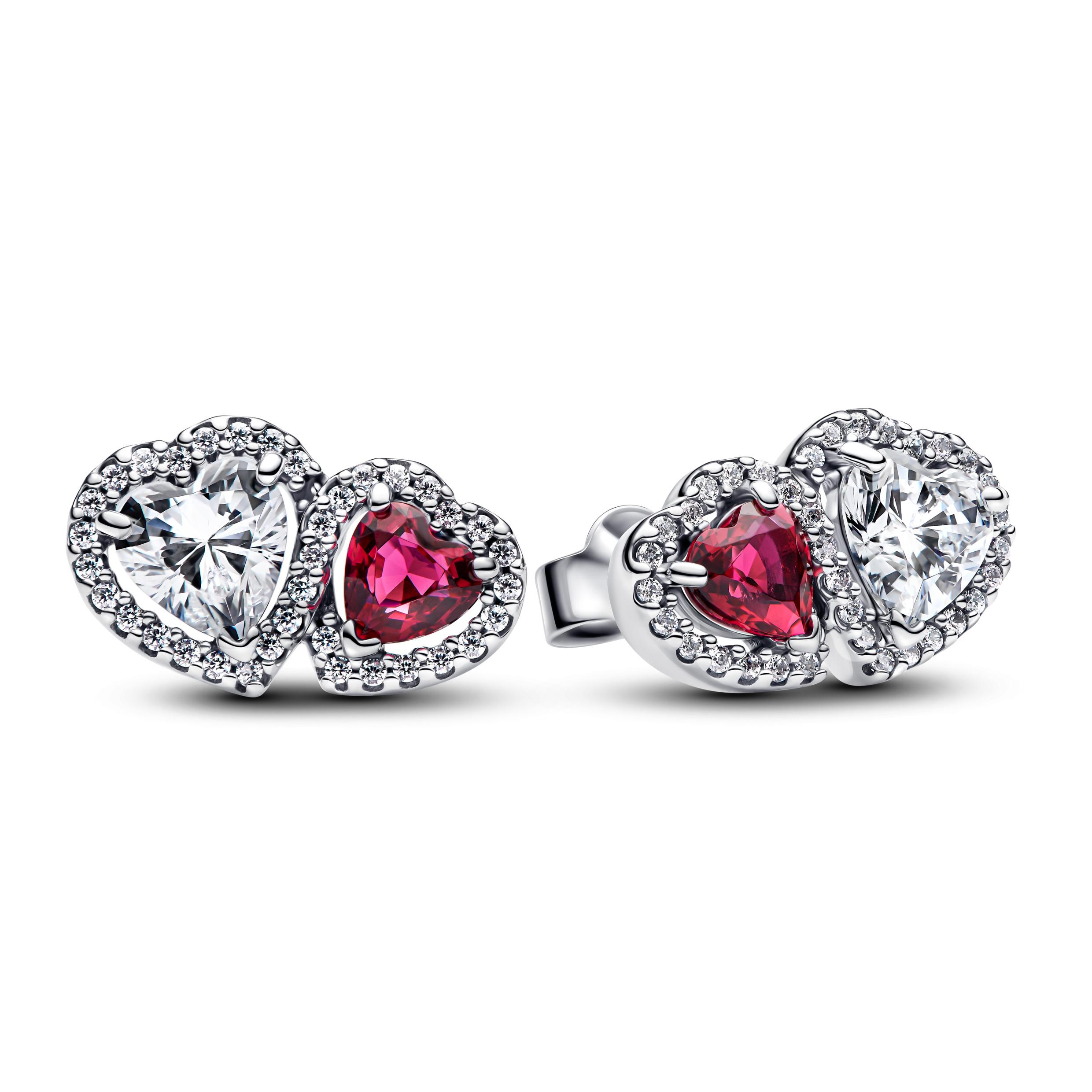 Hearts sterling silver stud earrings with cherries jubilee red crystal and clear cubic zirconia