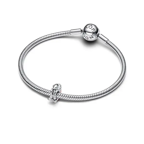 Shrimp sterling silver charm with clear cubic zirconia and pink enamel