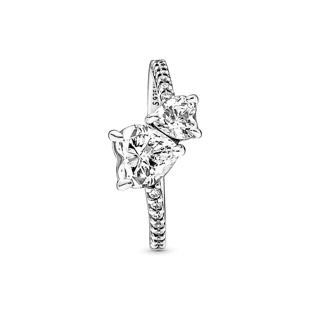 Серебряное кольцо с двойным сердцем и прозрачным кубическим цирконием