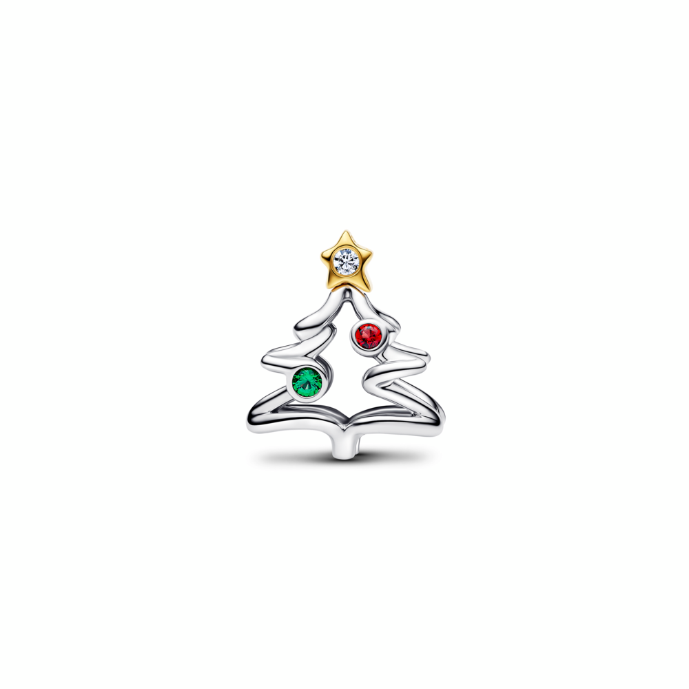 Christmas tree sterling silver and 14k gold-plated charm with clear cubic zirconia, salsa red and royal green crystal