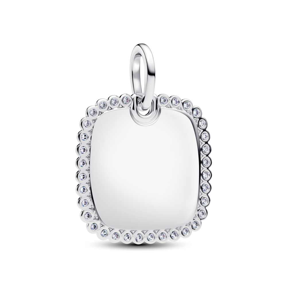 Engravable square sterling silver pendant with clear cubic zirconia