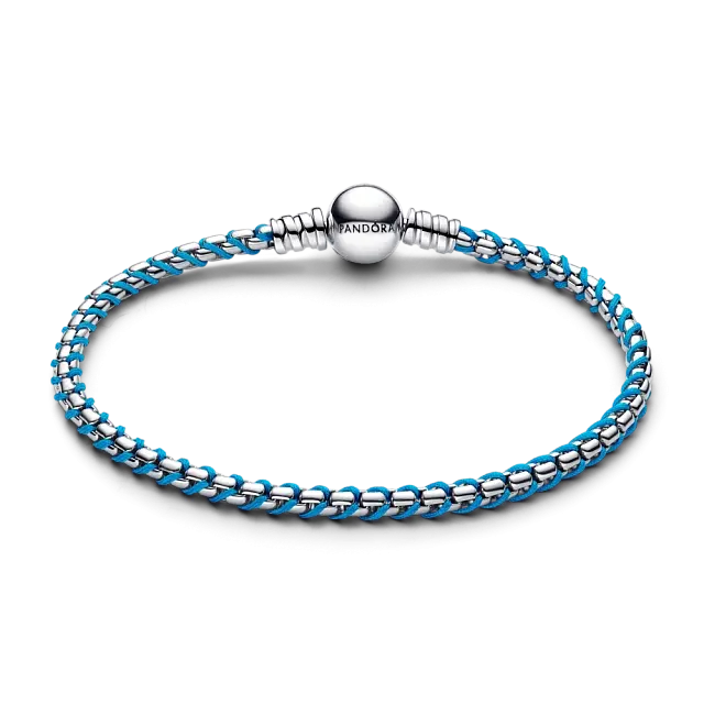 Braided sterling silver box chain bracelet with turquoise textile cord