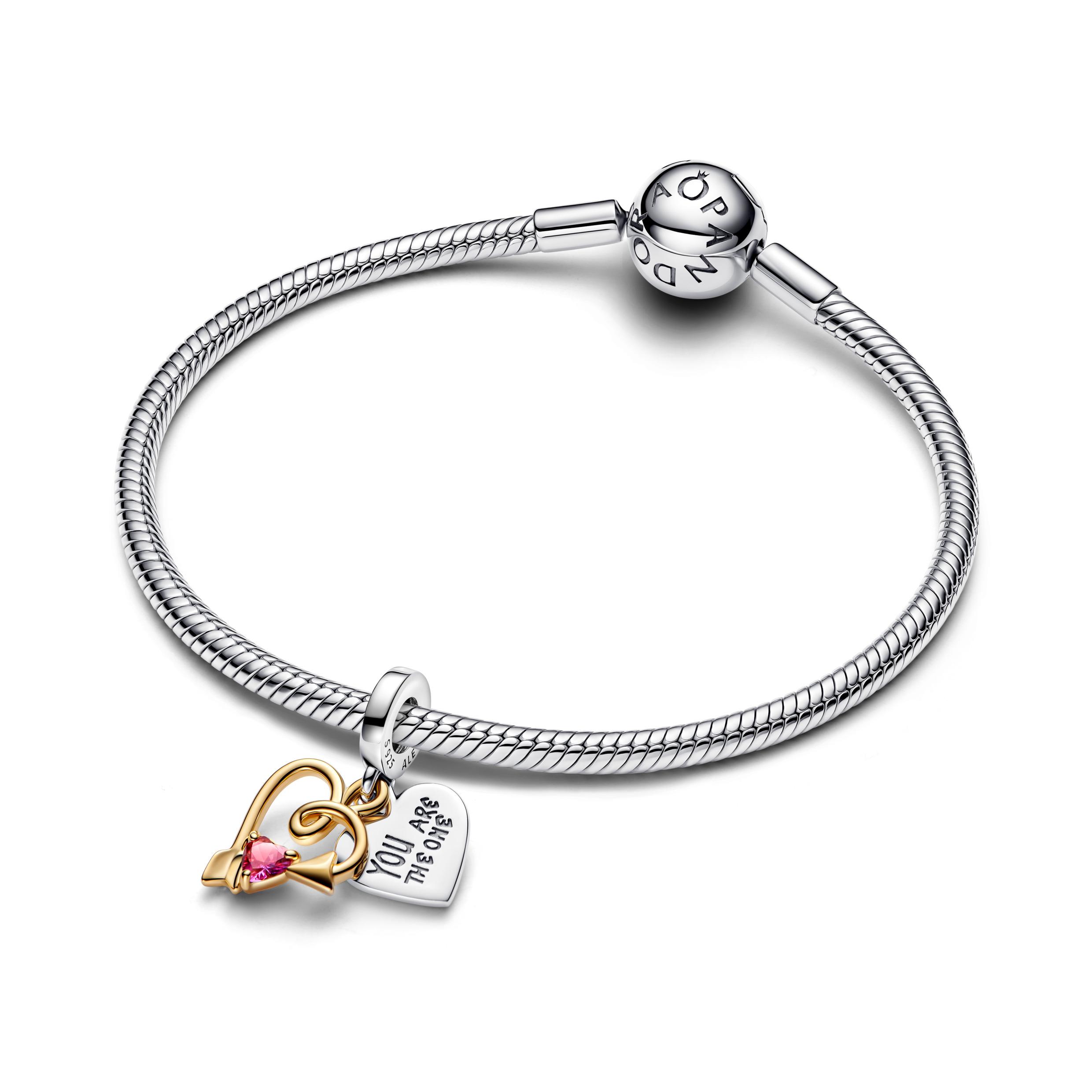 Engravable heart and arrow sterling silver and 14k gold-plated double dangle with red cubic zirconia