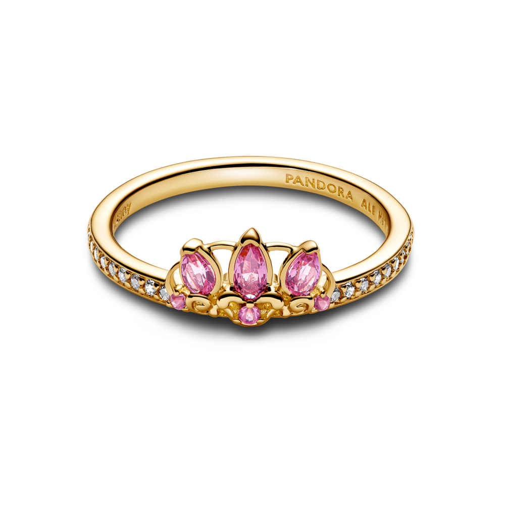 Disney Rapunzel 14k gold-plated tiara ring with phlox pink crystal and clear cubic zirconia