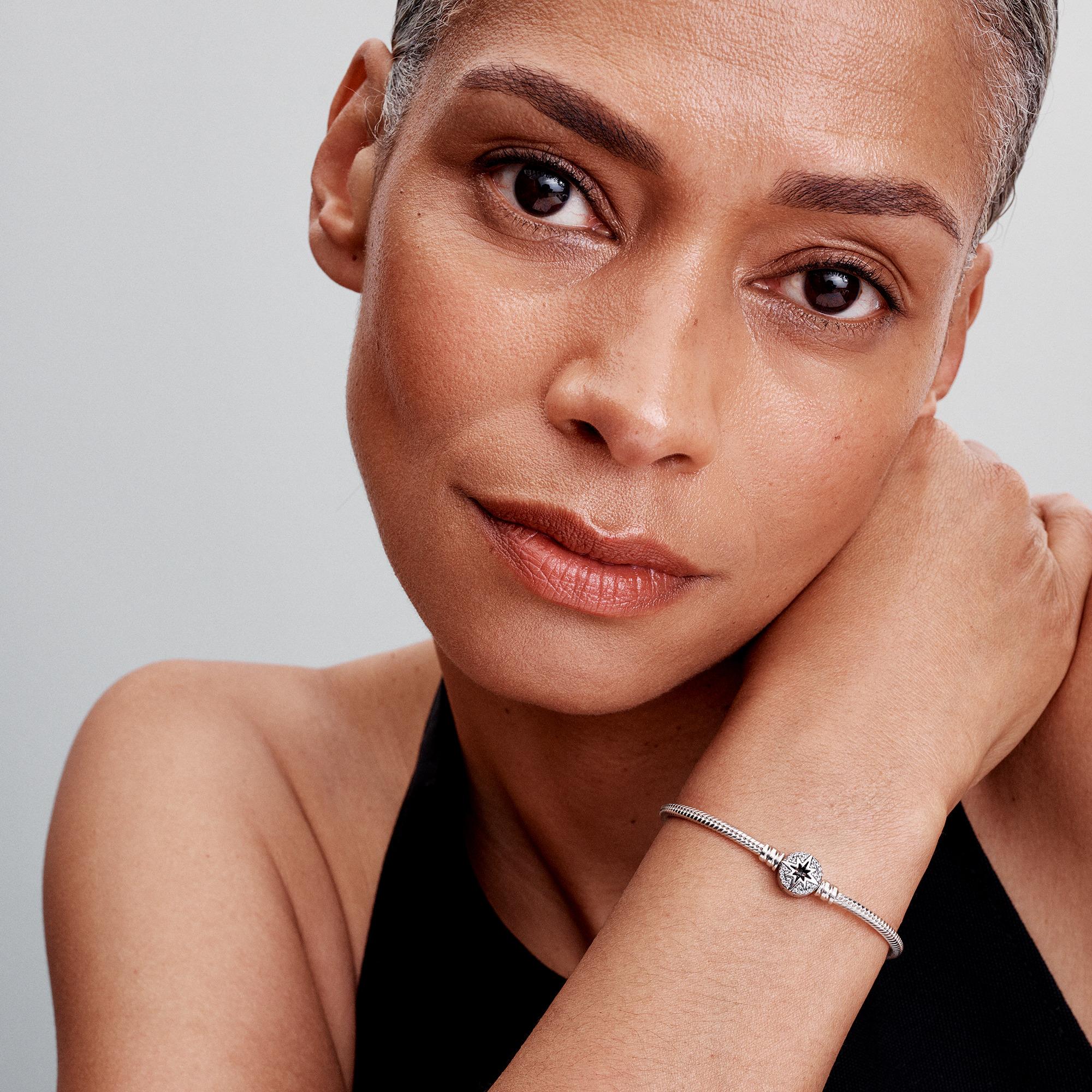 Snake chain sterling silver bracelet with north star clasp and clear cubic zirconia