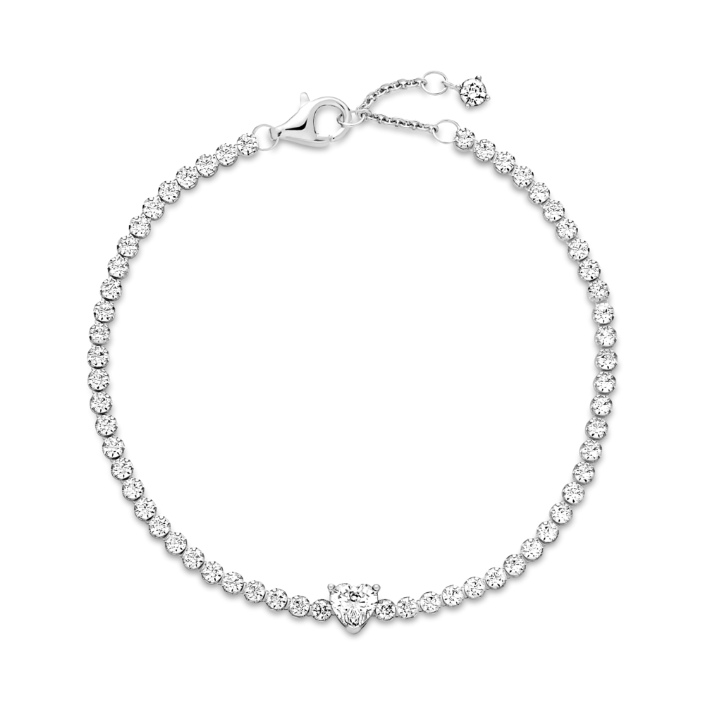 Heart sterling silver tennis bracelet with clear cubic zirconia