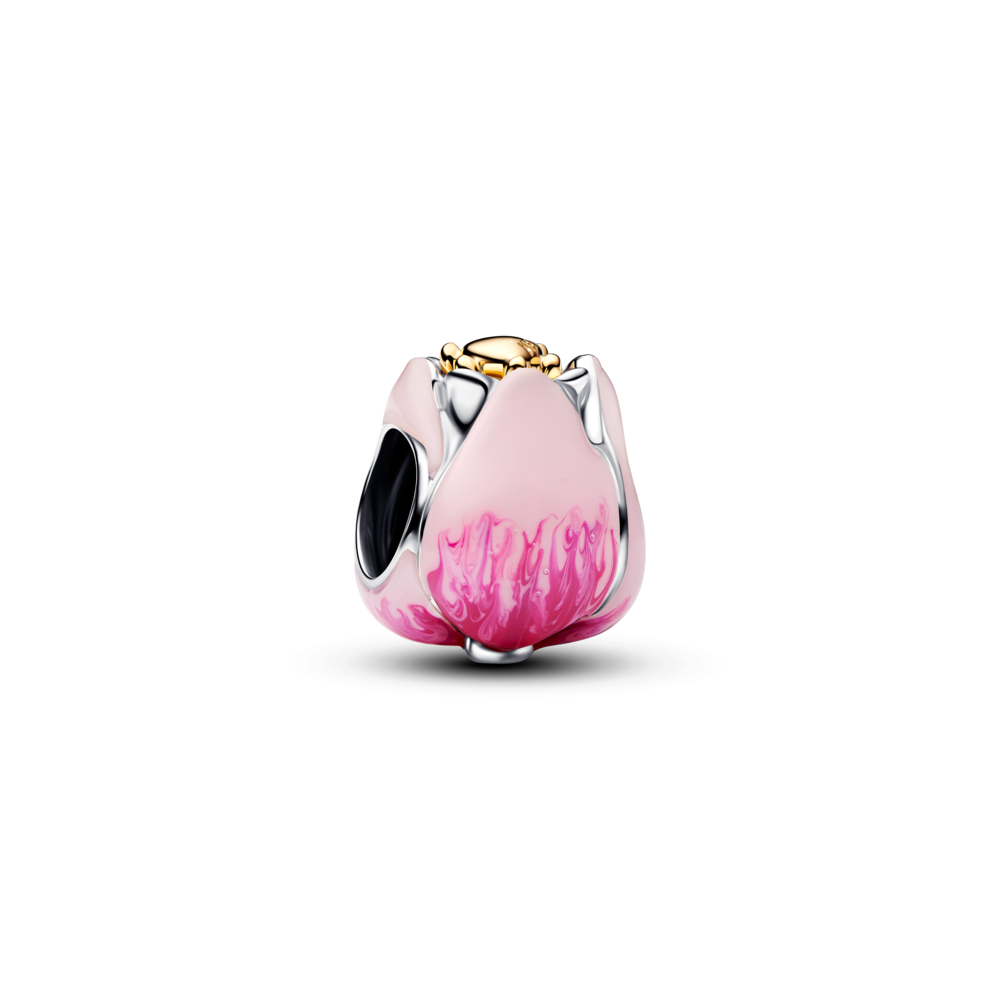 Tulip sterling silver and 14k gold-plated charm with royal green crystal and shaded pink enamel Tulip sterling silver and 14k gold-plated charm with royal green crystal and shaded pink enamel