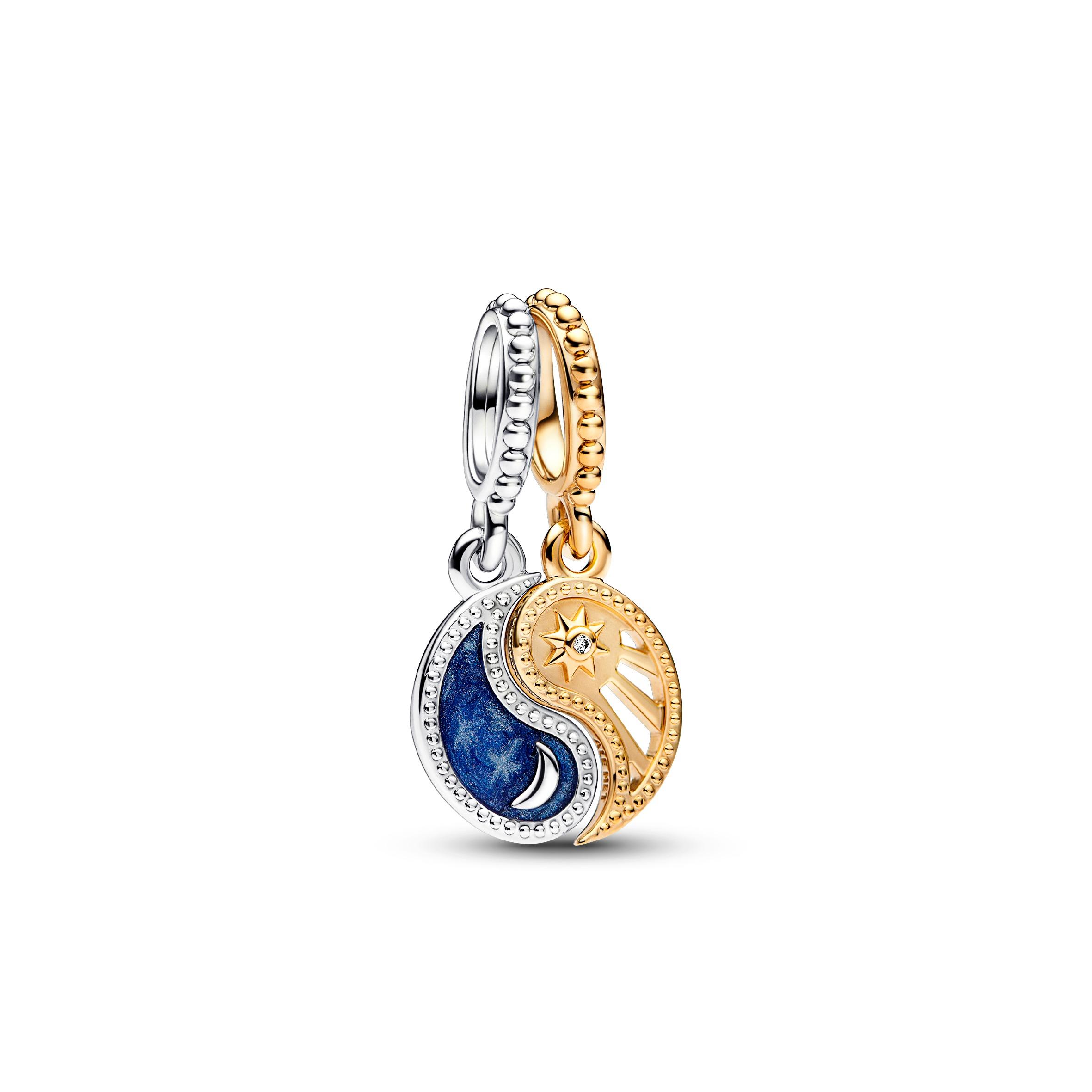 Yin and Yang sterling silver and 14k gold-plated splittable dangle with clear cubic zirconia and glittering shaded blue enamel Yin and Yang sterling silver and 14k gold-plated splittable dangle with clear cubic zirconia and glittering shaded blue enamel
