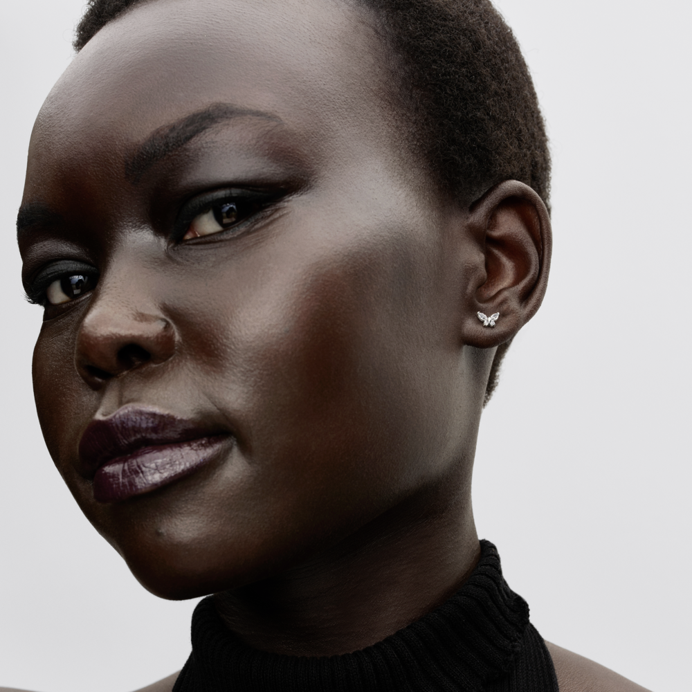 Butterfly sterling silver stud earrings with clear cubic zirconia