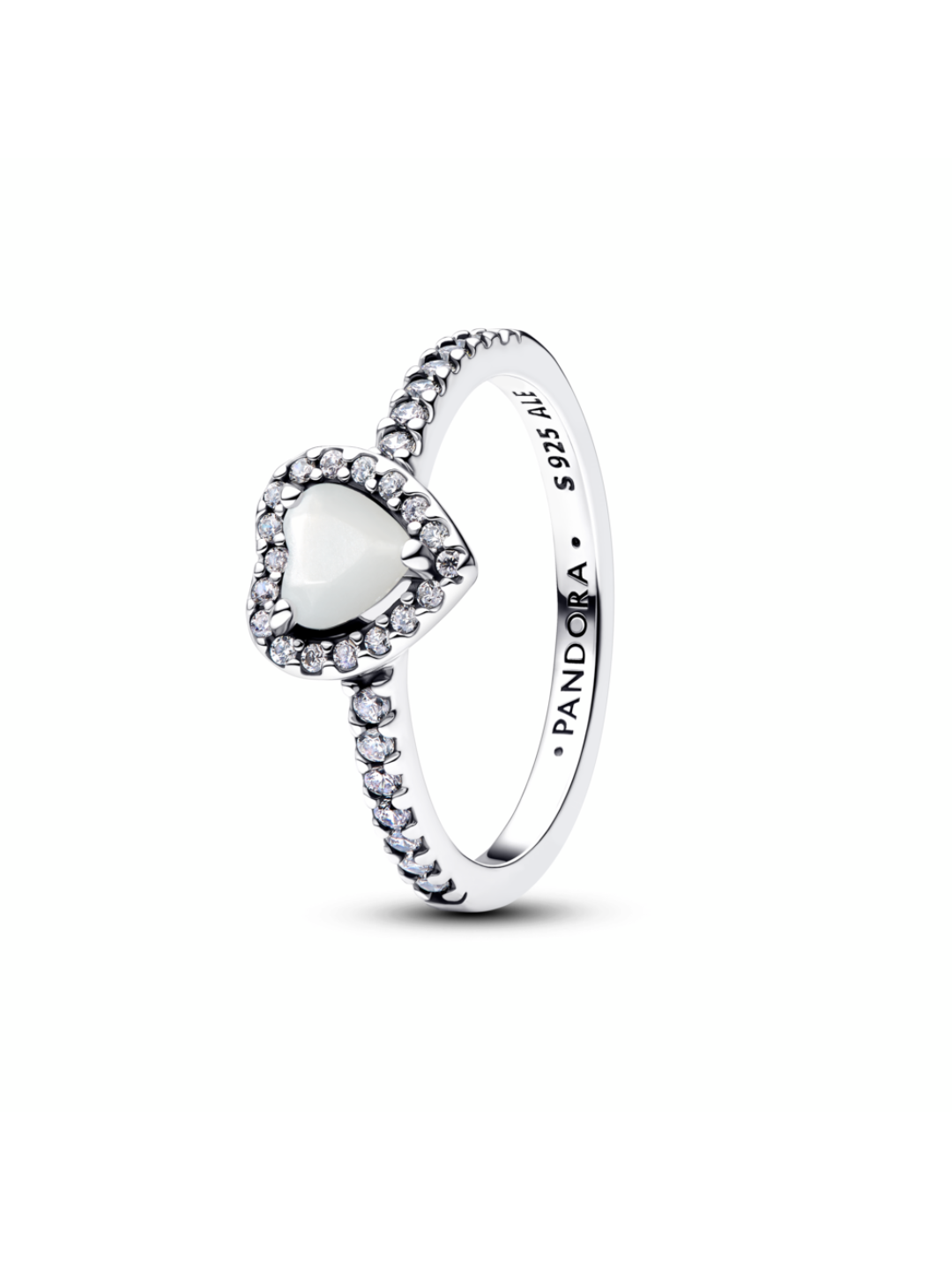 Heart sterling silver ring with white bioresin man-made mother of pearl  and clear cubic zirconia