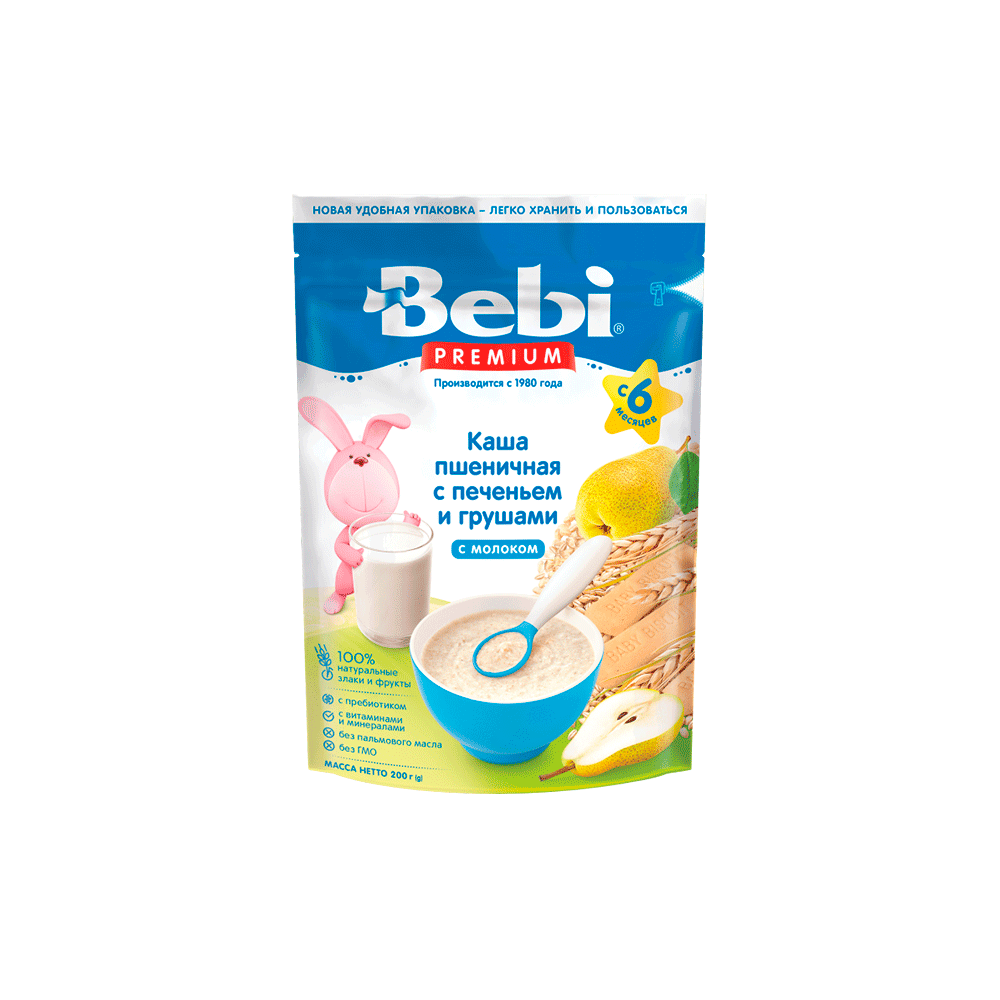 Каша BEBI молочная, пшеничная, печенье с грушей, 200 гр