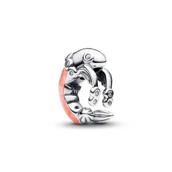 Shrimp sterling silver charm with clear cubic zirconia and pink enamel