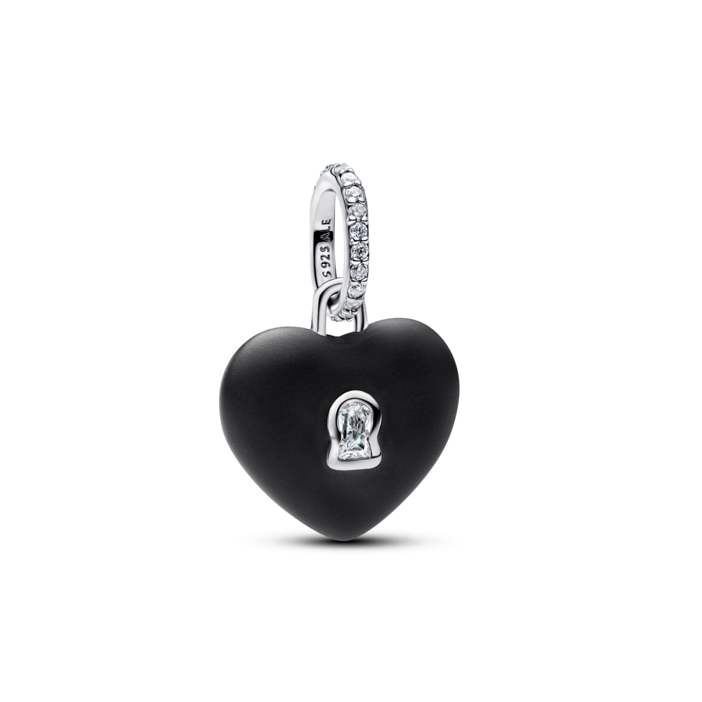 Heart padlock sterling silver dangle with black ceramic and clear cubic zirconia Heart padlock sterling silver dangle with black ceramic and clear cubic zirconia