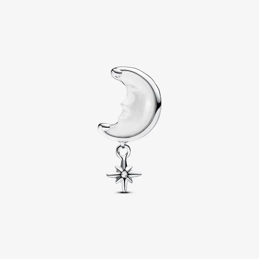 Moon and star sterling silver charm with white bioresin mother of pearl and clear cubic zirconia