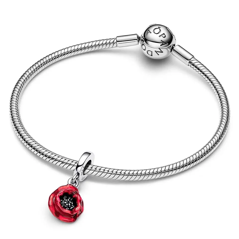 Flower sterling silver dangle with black crystal and red enamel