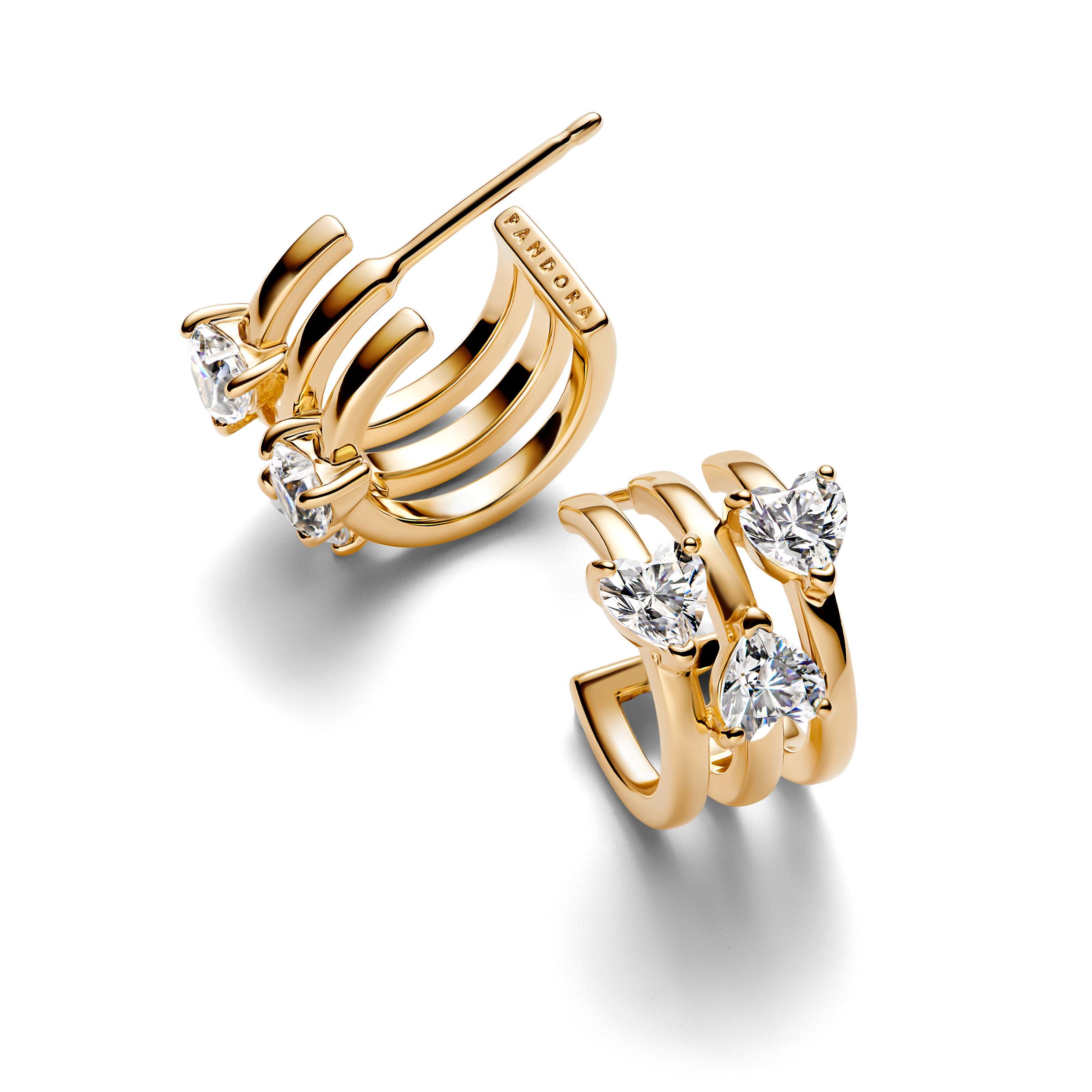 Hearts and lines 14k gold-plated hoop earrings with clear cubic zirconia