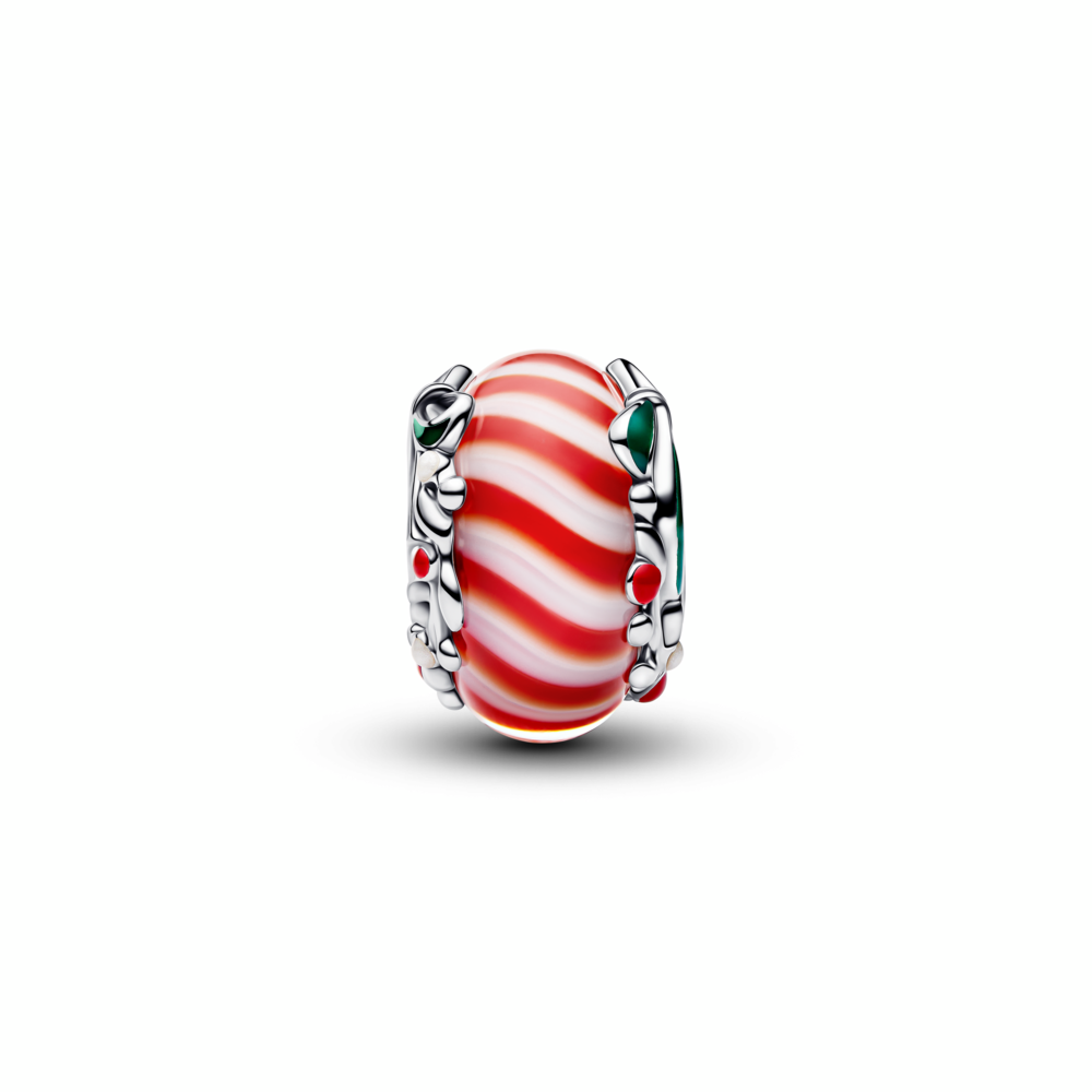 Candy sterling silver charm with red and white Murano glass, shimmering white, red and green enamel Candy sterling silver charm with red and white Murano glass, shimmering white, red and green enamel
