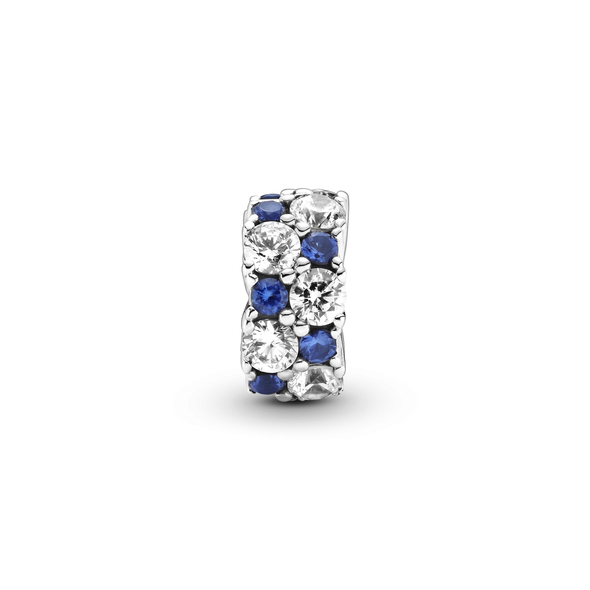 Sterling silver clip with clear cubic zirconia and stellar blue crystal and silicone grip