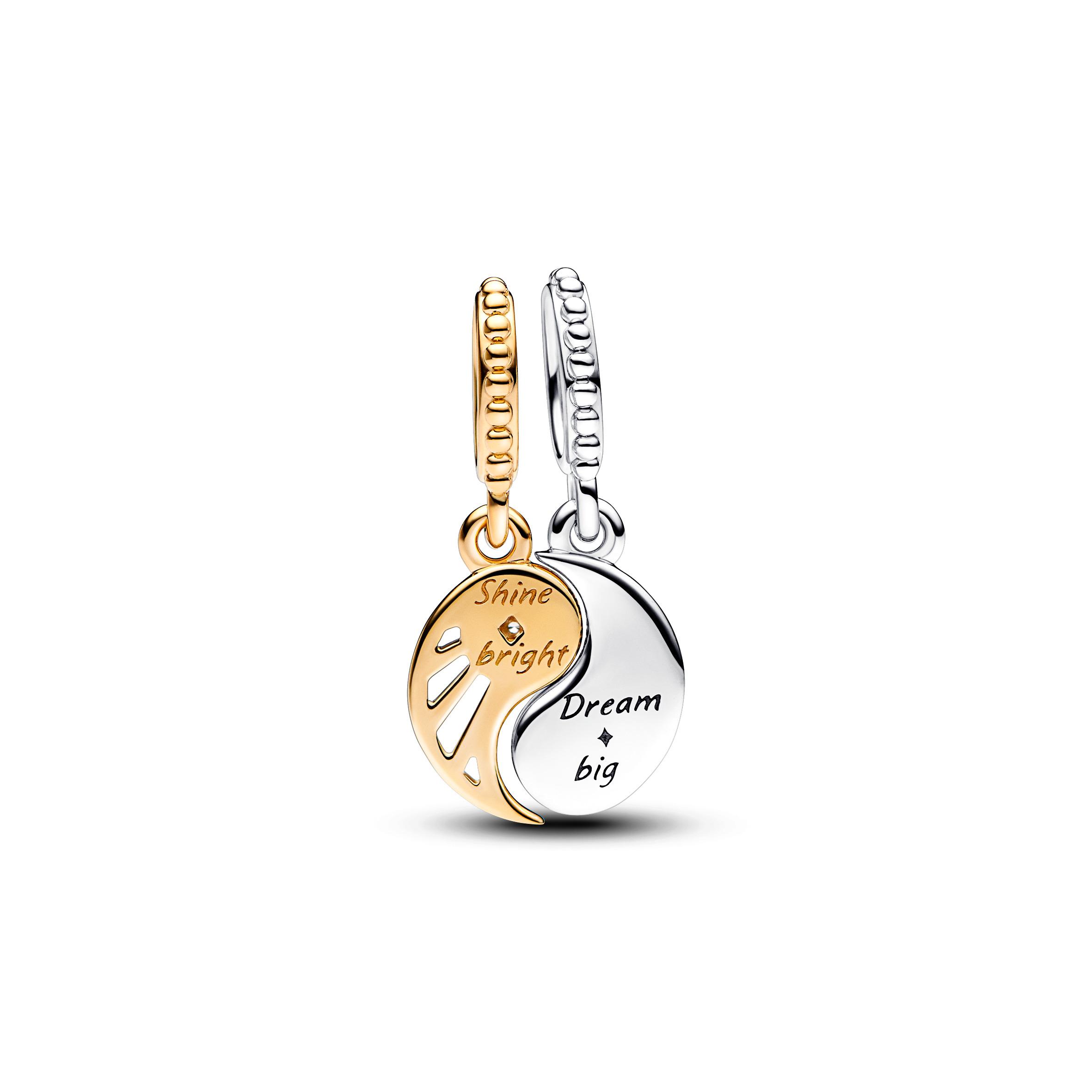 Yin and Yang sterling silver and 14k gold-plated splittable dangle with clear cubic zirconia and glittering shaded blue enamel Yin and Yang sterling silver and 14k gold-plated splittable dangle with clear cubic zirconia and glittering shaded blue enamel