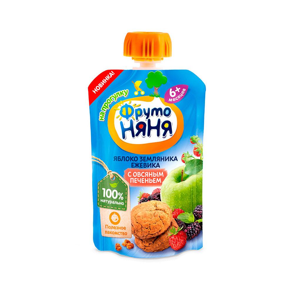 Пюре ФрутоНяня из яблок земляники ежевики с овсяным печеньем 6м+ 90 гр