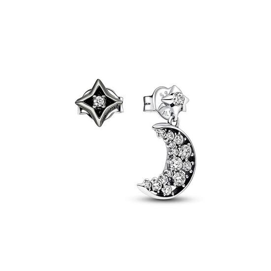 Moon and star sterling silver and ruthenium-plated stud earrings with clear cubic zirconia