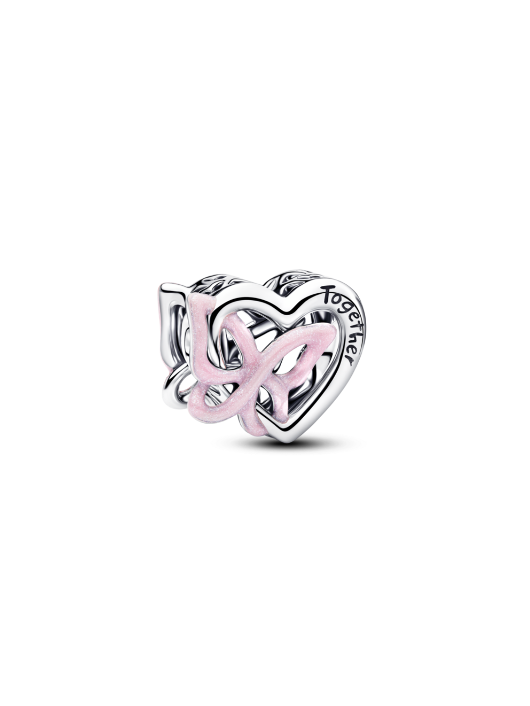 Heart and butterfly sterling silver charm with glittery pink enamel