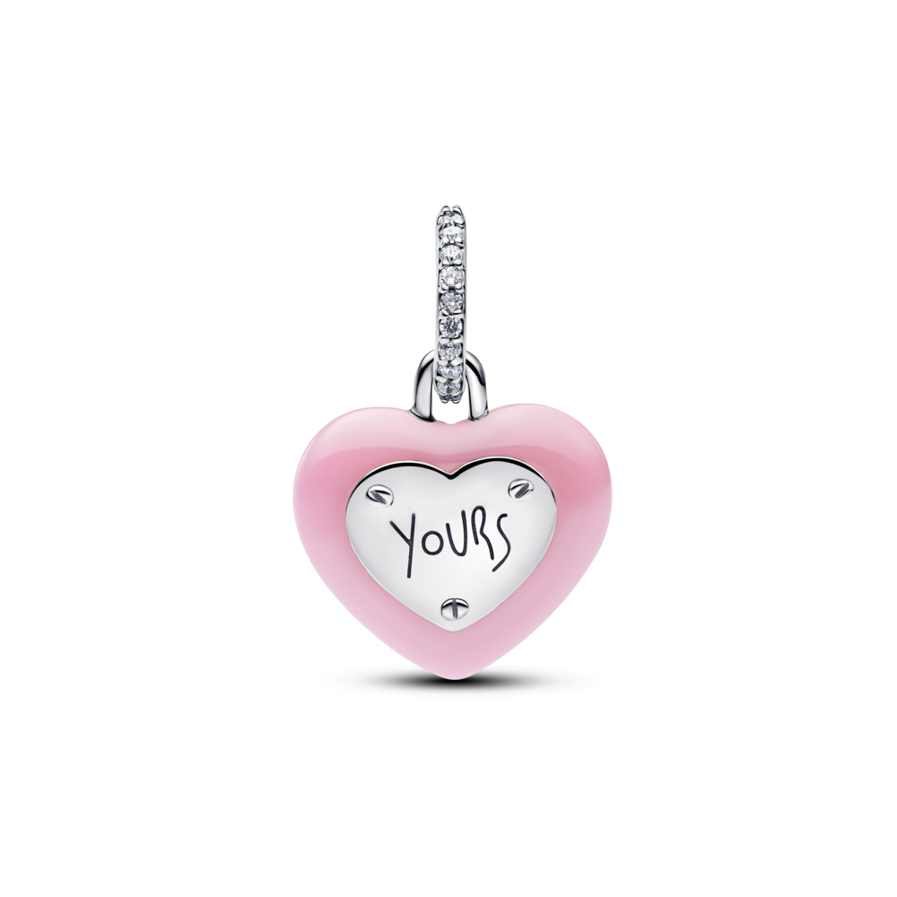 Heart padlock sterling silver dangle with pink ceramic and clear cubic zirconia