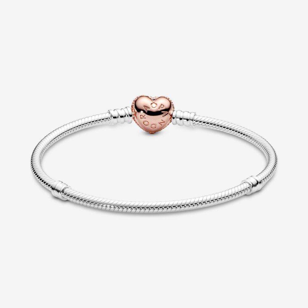 Snake chain silver bracelet with 14k rose gold-plated heart clasp and clear cubic zirconia Snake chain silver bracelet with 14k rose gold-plated heart clasp and clear cubic zirconia