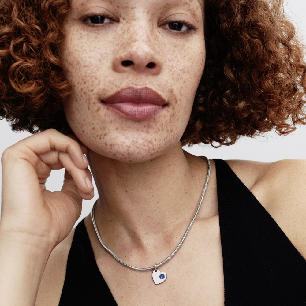 Engravable heart sterling silver dangle with princess blue crystal