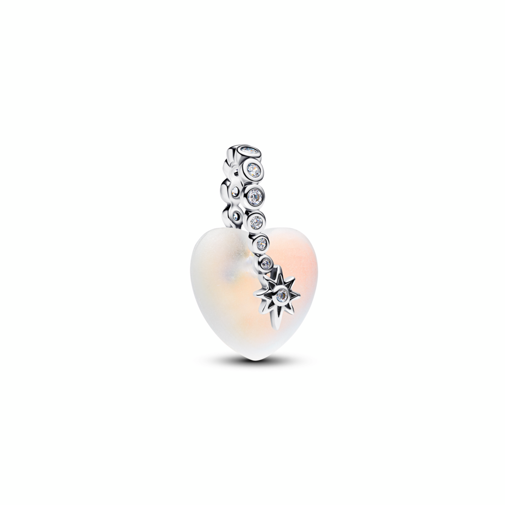Heart sterling silver dangle with clear cubic zirconia and moonstone iridescent glass Heart sterling silver dangle with clear cubic zirconia and moonstone iridescent glass