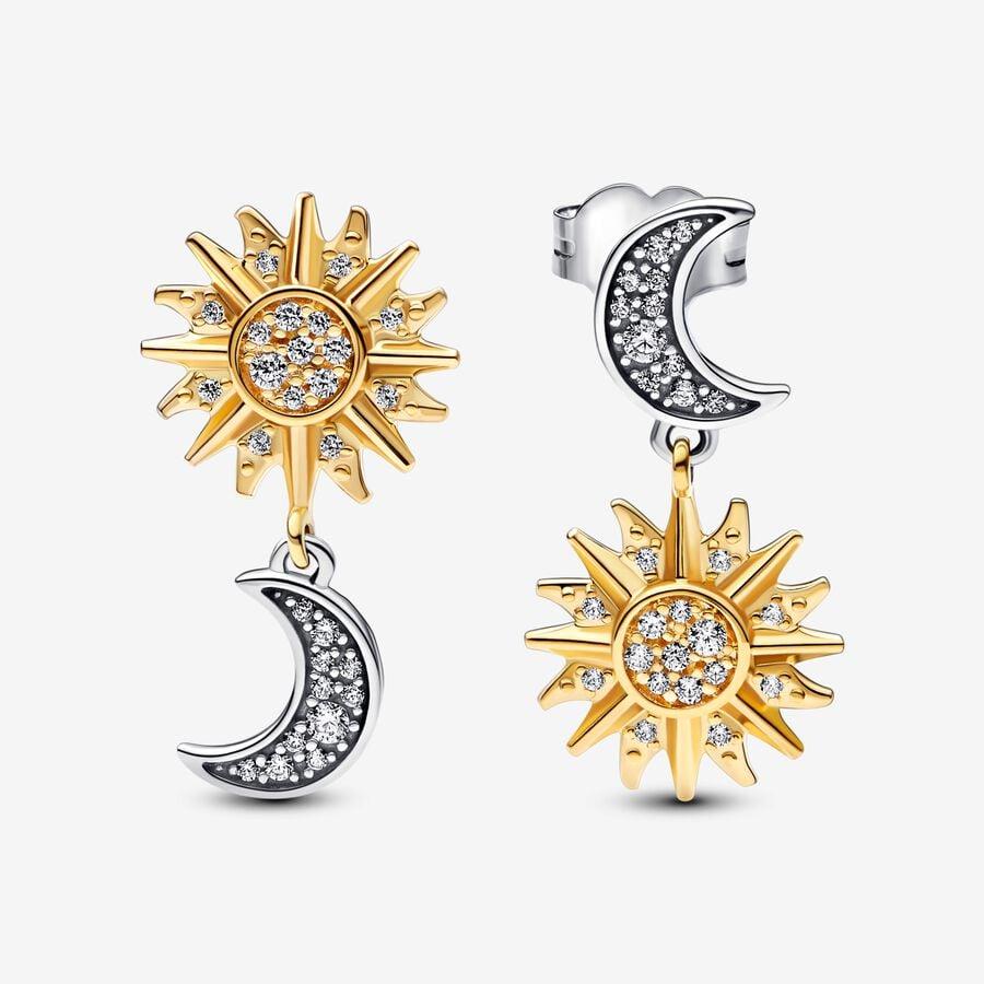 Sun and moon sterling silver and 14k gold-plated drop earrings with clear cubic zirconia