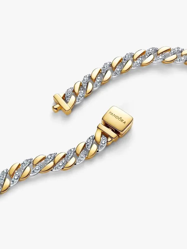 Cuban chain sterling silver and 14k gold-plated bracelet with clear cubic zirconia