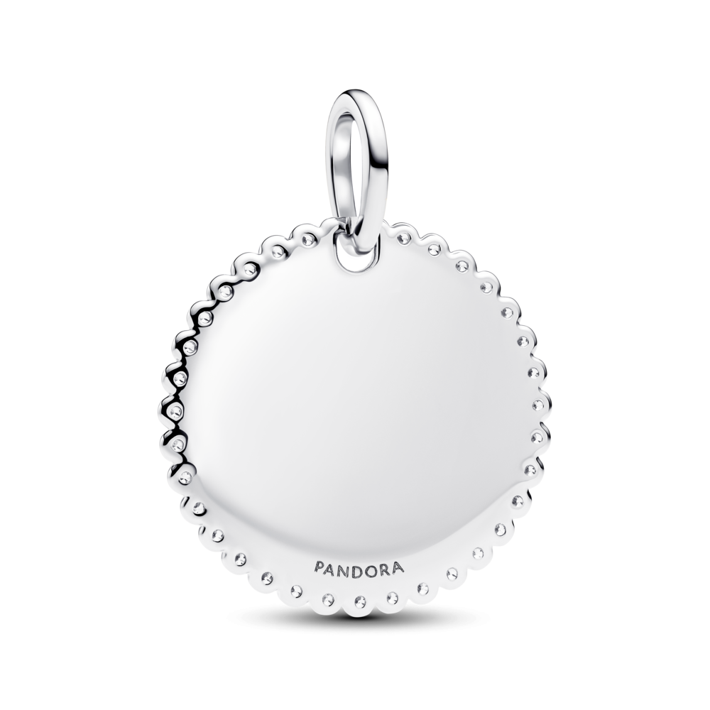 Engravable round sterling silver pendant with clear cubic zirconia