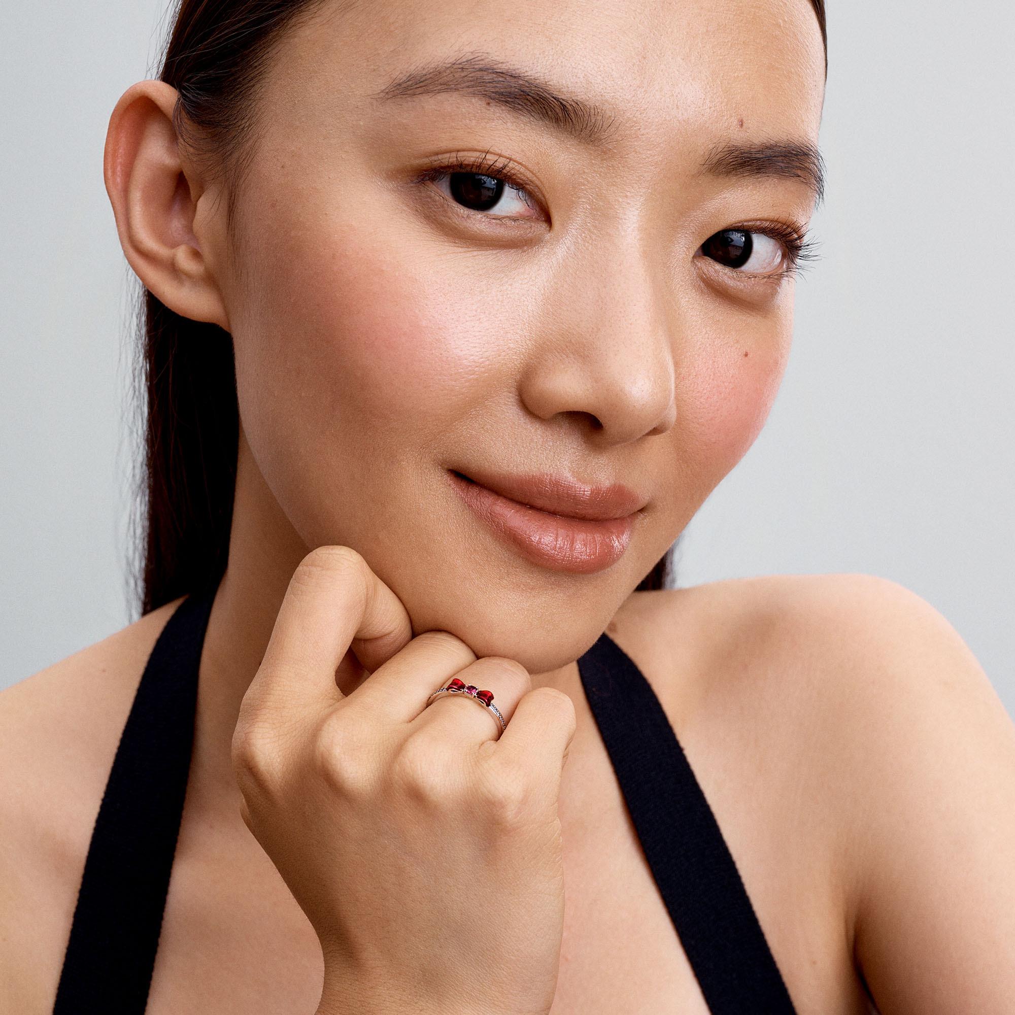 Disney Snow White bow sterling silver ring with fuchsia rose crystal, clear cubic zirconia and red enamel