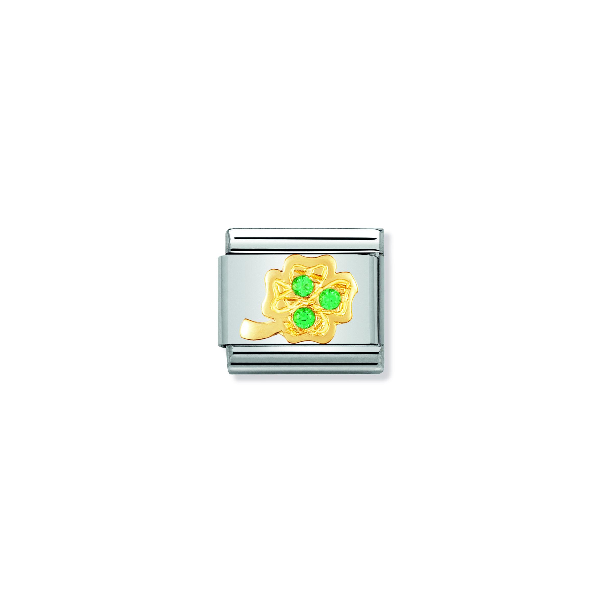 COMPOSABLE Classic GOOD LUCK in stainless steel with 18k gold and Cubic Zirconia (20_GREEN four-leaf)
