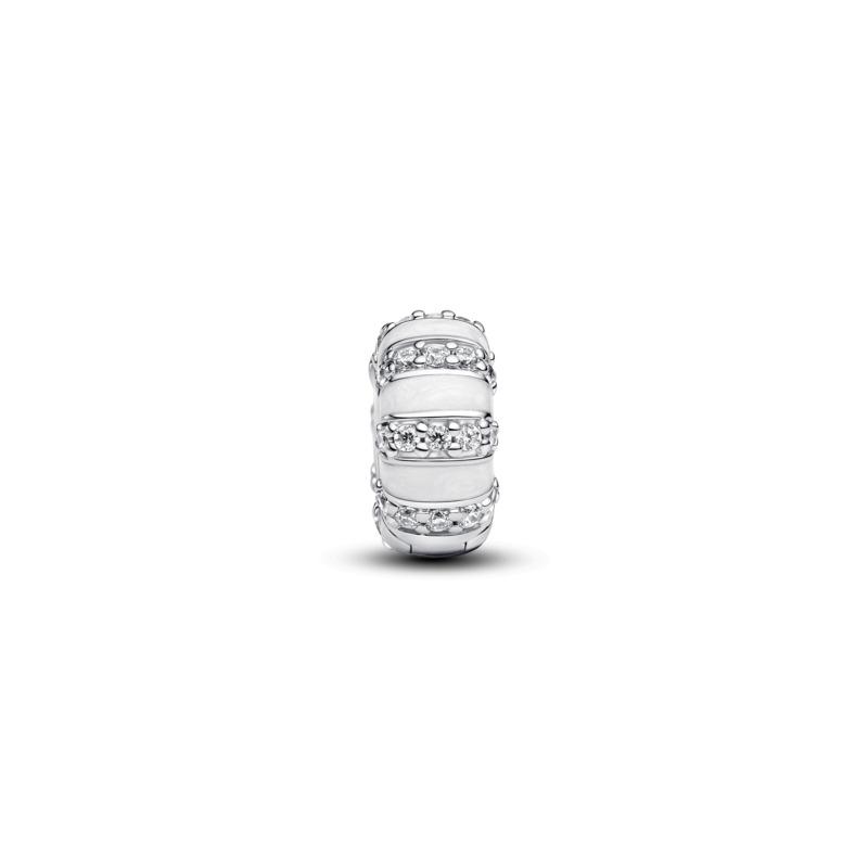 Sterling silver clip with clear cubic zirconia, shimmering white enamel and silicone grip