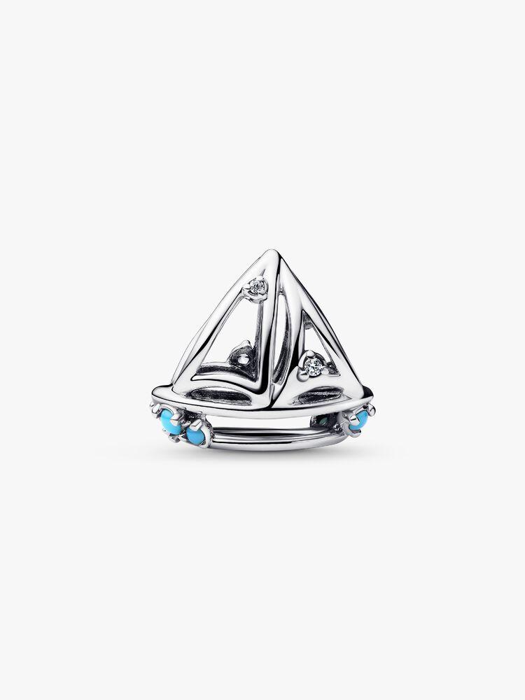 Sailboat sterling silver charm with clear cubic zirconia and capri blue crystal