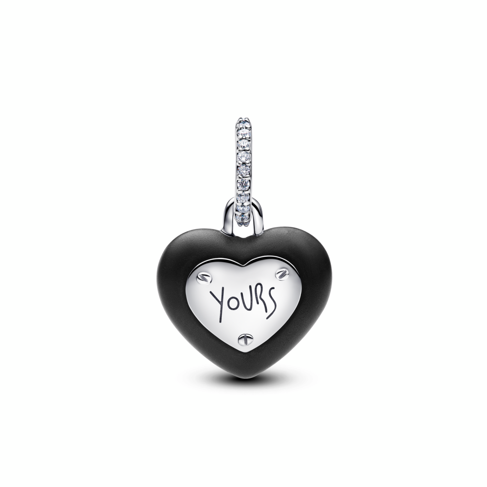 Heart padlock sterling silver dangle with black ceramic and clear cubic zirconia Heart padlock sterling silver dangle with black ceramic and clear cubic zirconia